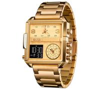 SKMEI Men's Digital Sports Watch, LED Square Large Face Analog Quartz Wrist Watch with Multi-Time Zone Waterproof Stopwatch, Gold-light, 1.78*1.61*0.55 inch, business