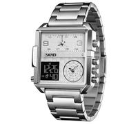 SKMEI Men's Digital Sports Watch, LED Square Large Face Analog Quartz Wrist Watch with Multi-Time Zone Waterproof Stopwatch, Silver-light, 1.78*1.61*0.55 inch, business