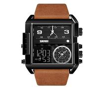 SKMEI Men's Digital Sports Watch, LED Square Large Face Analog Quartz Wrist Watch with Multi-Time Zone Waterproof Stopwatch (Black Brown)