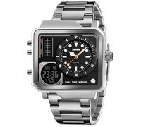 SKMEI Men's Digital Sports Watch with Large Square LED Dial Analogue Quartz Display with Multiple Time Zones and Stopwatch, Silver Steel, 2*1.89*0.55 inch, Classic