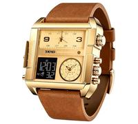 SKMEI Mens Digital Sports Wrist Watch Big Square Dial Quartz Wrist Watch with Waterproof Multi-Time Zone Stopwatch, Golden Brown, 2.17*2*0.59 inch, Casual