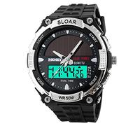 SKMEI Mens Solar Power Dual Time Display Wrist Watch, 165 FT Water Resistant (Silver)
