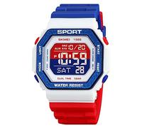 SKMEI Men's Top Brands Digital Mens Waterproof Electronic WristWatches Fashion PU Band Sports Watch relogio Masculino Sport Watch Men, Red White Blue, Classic