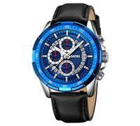 SKMEI Mens Watches Chronograph Analog Quartz Watch Waterproof Elegant Gifts for Men Leather Strap Wrist Watches for Men, Silver Blue, 2.01*1.89*0.58inches, classic