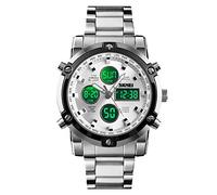 SKMEI Mens Wrist Watch, Waterproof Military Analog Digital Watches with LED Multi Time Chronograph, Stainless Steel Business Watches for Men, 1389-SILVER SILVER, 2.28*1.89*0.63 inches, Sports
