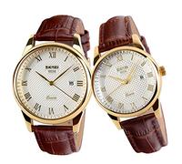 SKMEI Pair Watches for Couples Men and Women His and Hers Watch Set Husband Wife Valentines Matching Wrist Watch Wedding Gifts Waterproof Business Fashion Quartz Analog Calendar, Brown strap+Gold