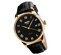 SKMEI Watch for Men Business Dress Classic Fashion Casual Black Leather Quartz Analog Waterproof Calendar Date Light Simple Wrist Watches Dad Fathers Gifts, Black Strap+Gold case+Black Dial, classic