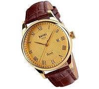 SKMEI Watch for Men Business Dress Classic Fashion Casual Black Leather Quartz Analog Waterproof Calendar Date Light Simple Wrist Watches Dad Fathers Gifts, Brown strap+Gold case+Gold Dial, classic