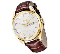 SKMEI Watch for Men Business Dress Classic Fashion Casual Black Leather Quartz Analog Waterproof Calendar Date Light Simple Wrist Watches Dad Fathers Gifts, Brown strap*Gold case*White Dial, classic