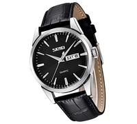 SKMEI Watch for Men Business Dress Classic Fashion Casual Black Leather Quartz Analog Waterproof Calendar Date Light Simple Wrist Watches Dad Fathers Gifts, Black strap*Silver case*Black Dial, classic