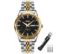 SKMEI Watch for Men Business Stainless Dress Fashion Waterproof Luxury Analog Simple Day Date Fathers Dad Gifts Silver Gold Wrist Watches, Gold Silver Strap with Black Dial