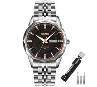 SKMEI Watch for Men Business Stainless Dress Fashion Waterproof Luxury Analog Simple Day Date Fathers Dad Gifts Silver Gold Wrist Watches, Silver Strap with Black Dial