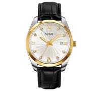 SKMEI Watches for Men Black Leather Fashion Business Dress Classic Casual Simple Analog Waterproof Elegant Dad Fathers Gifts Gold Wrist Watch, G2061goldsilver