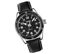 SKMEI Watches for Men Leather Band Easy Read Big Face Casual Fashion Waterproof Analog Quartz Dress Luminous Luxury Fathers Gifts Black Blue Wrist Watch, 9232-black, 44mm