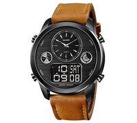 SKMEI World Time Digital Watches Sport Watch Fashion Mens Waterproof Leather Chronograph LED Wristwatch, Black Light-Brown,