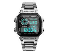 SKMEI Wrist Watch for Men, Digital Sports Waterproof Watch with Dual Time Chronograph Countdown Alarm Backlight, Silver, 1.8*1.7*0.51 inches, classic