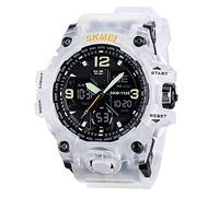 SKMIEI Men's Analog Sports Watch, LED Military Wrist Watch Large Dual Dial Digital Outdoor Watches Electronic Malfunction Two Timezone Back Light Water Resistant Calendar Day Date, White,