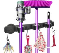 SKNOOY Black Aluminum Magnetic Mop Broom Holder with 4 Hooks and 3 Rubber Roller Clips, Heavy Duty Tool Organizer for Kitchen, Garage, Tool Room, Workshop