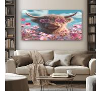 SKOEUI Animal Highland Cow Framed Canvas Wall Art, Farm Wildflower Painting on Canvas Prints 50x100 cm Large Pictures Artwork for Living Room Bedroom Home Office Wall Decoration