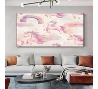 SKOEUI Cartoon Unicorn Canvas Wall Art Pink Wall Art for Living Room Decor Pictures for Bedroom, Office, or Hallway Walls Framed Print 60x120 cm