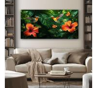 SKOEUI Tropical Hummingbird Wall Art for Living Room Floral Hibiscus Large Frameless Canvas Paintings 70x140 cm Abstract Pictures and Prints, Modern Artwork for Bedroom Bathroom Home Decorations