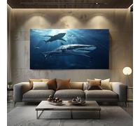 SKOEUI Underwater Shark Canvas Wall Art Decor Dark Blue Unframed Picture Painting on Canvas for Living Room and Bedroom Walls Modern Artwork for Home Office 80x160 cm