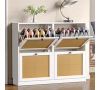 Skokliz Rattan Shoe Storage Cabinet with 4 Flip Drawers, Freestanding Hidden Wooden Shoe Organiser with Adjustable Shelves, Narrow Shoe Cabinet for Entryway Hallway Living Room