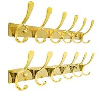 SKOLOO Coat Rack Wall Mounted - 6 Hooks, Pack of 2, Heavy Duty, Stainless Steel, Metal Wall Coat Hanger, Sturdy Wall Hooks for Hanging Coat, Jacket, Clothes, Hat, Bright Gold