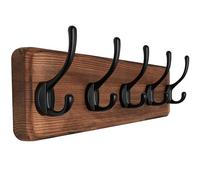 SKOLOO Farmhouse Style Wall Mounted Coat Rack, Pine Solid Wood Coat Hook Hanger - 5 Hooks for Hanging Clothes Robes Towels Coats