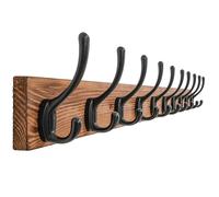 SKOLOO Rustic Farmhouse Coat Hooks Wall Mounted, 71cm Long, Solid Pine Wood with Weathered Finish, 10-Hook Distressed Wall Hanger for Porch, Mudroom, Cabin (Charred Wood & Black Hooks)