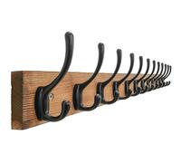 SKOLOO Rustic Farmhouse Coat Hooks Wall Mounted, 91cm Long, Solid Pine Wood with Weathered Finish, 12-Hook Distressed Wall Hanger for Porch, Mudroom, Cabin (Charred Wood & Black Hooks)