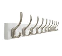 SKOLOO Solid Pine Wood Wall Mounted Coat Hooks, 71cm Long, 10-Hook Modern Entryway Organizer with 16" Stud Installation, for Hallway, Bathroom, Kitchen (White Wood/ & Nickel Hooks)