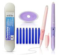 SKOOLED Tintenheld Erasable Fountain Pen, Set of 2, Dusky Pink and Lavender, No Ink Killer Required, Protected Nib, Ergonomic Rubberised Handle, Blue Quick-Drying Ink, 8 Cartridges, Metal Case