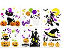 SKOOLOVE 6 Sheets Halloween Gel Window Stickers, Witch, Witch Hat, Black Cat, Bats, Ghost, Pumpkin,Castle for Window Glass Decorations Halloween Party Decorations