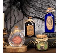SKOOLOVE Potion Bottles Halloween Decoration, Set of 4 Glass Potion Bottles with Corks and 12 Halloween Bottle labels, Halloween Tiered Tray Decor, Halloween Decorations Indoor