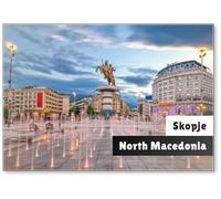 Skopje, North Macedonia - : Square Macedonia in Skopje at Sunset with Dancing Illuminated Fountains and Statue of Alexander The Great (Warrior on Horse) at, Fridge Magnet