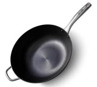 SKOTTSBERG® Pre-fired cast iron wok pan, diameter 34 cm, natural non-stick coating, with pouring spout, handle and handle made of brushed stainless steel with branded print, for optimal crispy frying