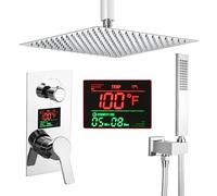 SKOWLL 12 Inch Shower Faucet Set, Ceiling Mount Rainfall Shower System with Handheld, 2 Function Shower Head System Hydro Power Temperature Display, Polished Chrome