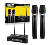 SKP Pro Audio UHF-300D Wireless Microphone System - Dual Handheld Cordless Mics with AA Batteries, 200ft Range, LCD Display, for Singing, Karaoke, Church, DJs, Stage Events - Dynamic mic