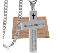 SKQIR Cross Necklace for Men with Bible Verse, Christian Religious Scripture First Communion Cross Chain Pendant for Boys Jewelry Easter Basket Essentials Stuffers Graduation Gifts, Philippians 4:13
