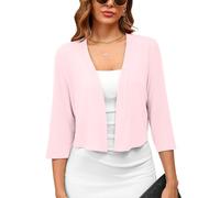 Skrfez Women's 3/4 Sleeve Thin Shrugs for Dresses Light Pink Medium Open Front Knit Lightweight Coat Cropped Tops Shawls and Wraps Cardigan Dressy Clothes for Summer Spring Autumn