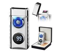 SKRFIRE Plasma Lighter Electric Lighters Fire Lighter Cool Lighters Windproof Dual Arc Metal Body with Battery Ignition Count Display LED Light Type C Rechargeable for Camping Indoor Outdoor (Silver)