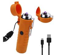 SKRFIRE Windproof Dual Arc Windproof Electric Lighter with LED Flashlight Rechargeable USB Flameless Plasma Lighters with Lanyard for Camping, Hiking (Orange)