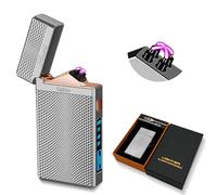 SKRFIRE Windproof Dual Plasma Arc Electric Lighter, USB Rechargeable, Zinc Alloy Frame, Power Indicator, Emergency Flashlight, for Outdoor Camping BBQ Hiking (Checkered Silver)