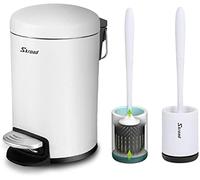 Skroad Round Step Trash Can with Silicone Toilet Brushes Set, Mini 3L Pedal Bins with Lids for Bathroom Toilet Bedroom Kitchen, White