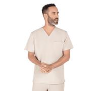 SKRUBZ Kaizen Mens Scrubs Top | Short Sleeve V-Neck Medical Tunic | Tailored Fit with Chest Pocket & Side Slits | Breathable Stretch Fabric | Wrinkle-Resistant Uniform Shirt, Sand Stone, XS