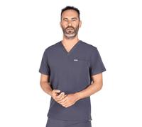 SKRUBZ Kaizen Mens Scrubs Top | Short Sleeve V-Neck Medical Tunic | Tailored Fit with Chest Pocket & Side Slits | Breathable Stretch Fabric | Wrinkle-Resistant Uniform Shirt, Grey, L