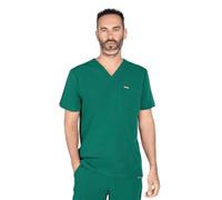 SKRUBZ Kaizen Mens Scrubs Top | Short Sleeve V-Neck Medical Tunic | Tailored Fit with Chest Pocket & Side Slits | Breathable Stretch Fabric | Wrinkle-Resistant Uniform Shirt, Hunter Green, M