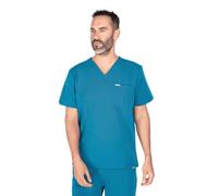 SKRUBZ Kaizen Mens Scrubs Top | Short Sleeve V-Neck Medical Tunic | Tailored Fit with Chest Pocket & Side Slits | Breathable Stretch Fabric | Wrinkle-Resistant Uniform Shirt, Caribbean Blue, L