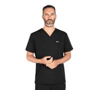 SKRUBZ Kaizen Mens Scrubs Top | Short Sleeve V-Neck Medical Tunic | Tailored Fit with Chest Pocket & Side Slits | Breathable Stretch Fabric | Wrinkle-Resistant Uniform Shirt, Black, M